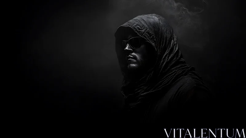 Low key hooded portrait with sunglasses and volumetric smoke