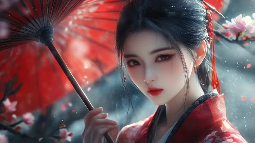 Digital geisha portrait with red parasol and blossom bokeh