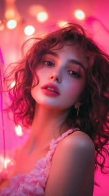 Neon-lit dreamer gazes through pink haze and soft glow.