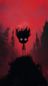 Silhouetted child on ridge under crimson atmospheric void.