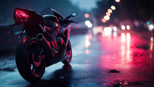 Sport motorcycle on wet city road at night in neon light.