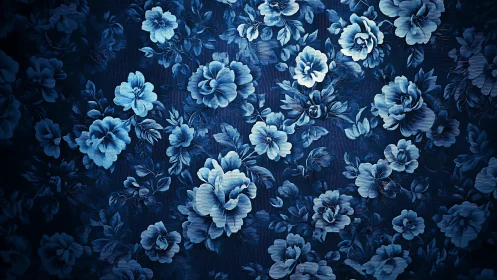 Blue Floral Textile Print with Layered Botanical Detail.