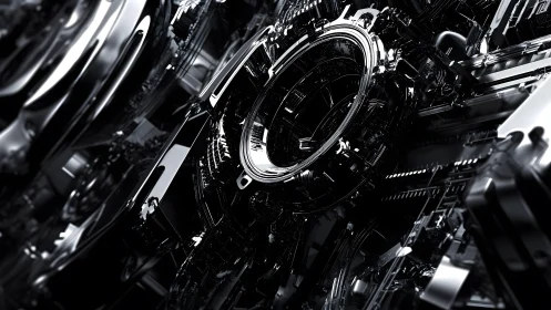 Futuristic metallic machine core in dark abstract cyberpunk style.