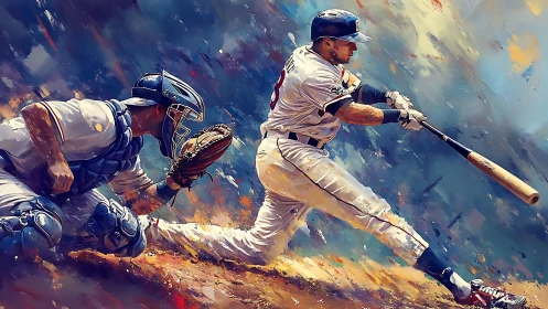 Baseball batter swings at pitch while catcher crouches behind