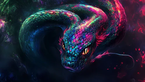 Neon serpent coils through cosmic ink and watches the void