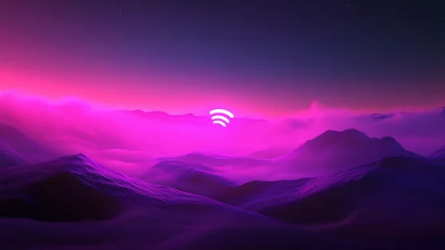 Neon gradient landscape with central streaming icon emblem.