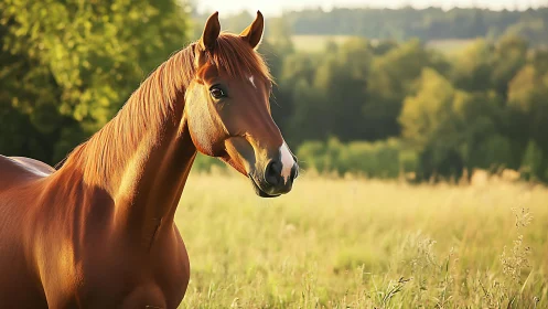 Chestnut horse gazes over a sunlit summer meadow calmly.