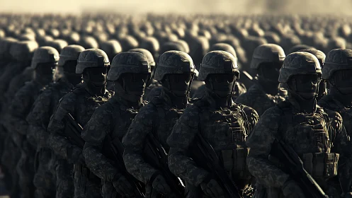 Endless armored soldiers advance in a tense battlefield haze