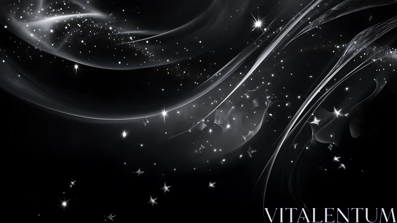 Stellar light trails over flowing monochrome nebula field.