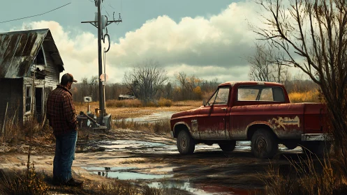 Rural roadside scene with weathered pickup in digital painting.