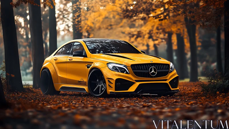 Yellow Mercedes sedan in autumn forest setting at ground level.