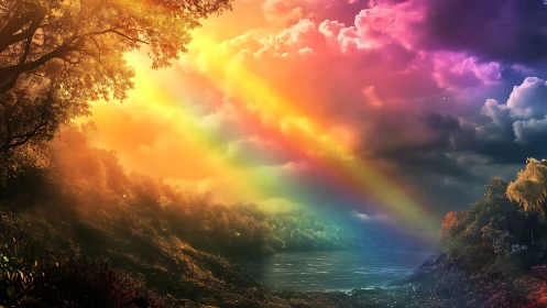 Prismatic light rays ignite stormy river valley at dusk.