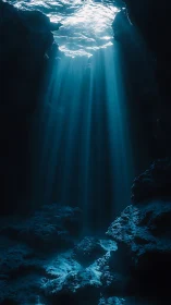 Sunlight shafts through deep underwater rocky cavern.