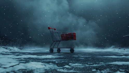 Abandoned shopping cart stands alone in a bleak winter storm.