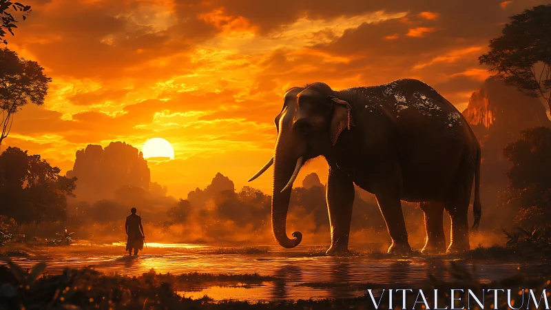 Gentle elephant and quiet wanderer in glowing sunset peace.