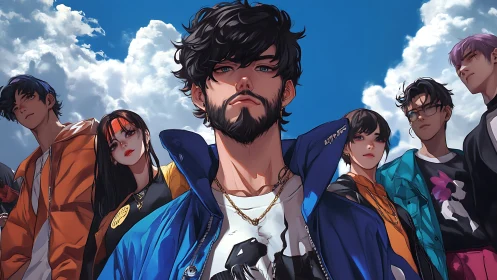 Group of stylized youths stand outdoors under bright sky