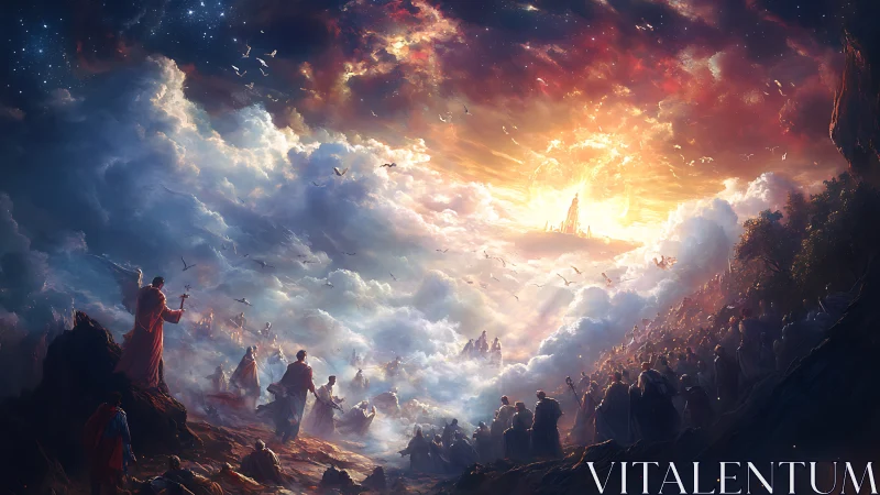 Heavenly clouds open as pilgrims gather in glowing wonder