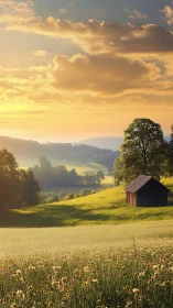 Golden hilltop meadow and solitary barn at whispering sunrise.