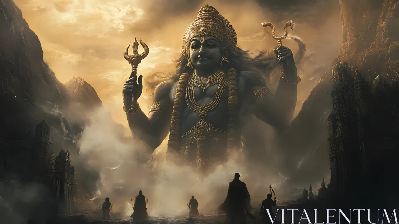 Monumental deity apparition in mythic mountain haze, digital painting.