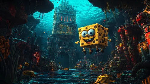Cartoon sponge character floats in detailed 3D seascape