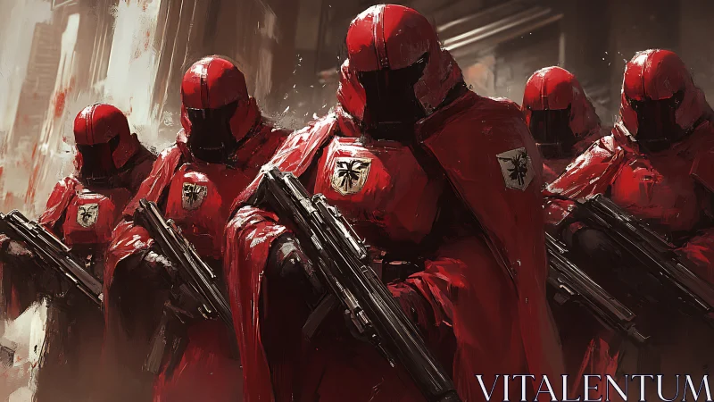 Armored red soldiers advancing with rifles in formation.