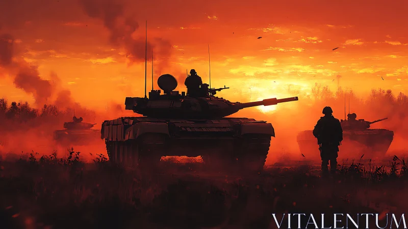 Armored column advancing through dusk battlefield haze.