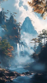 Atmospheric mountain waterfalls with volumetric mist rendering.
