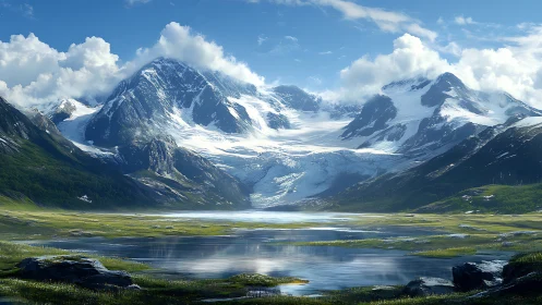 Snow-covered mountain range above reflective valley lake.