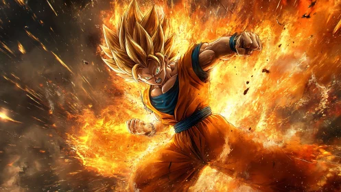 Explosive anime warrior surge framed by radial fire particle burst