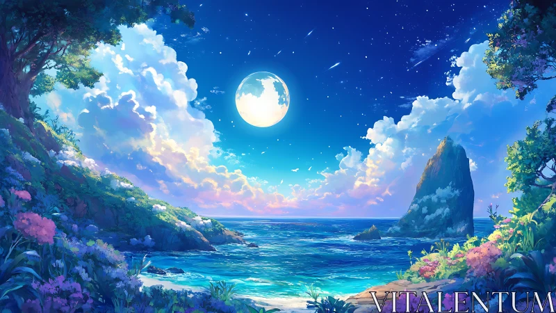 Luminous moonlit cove with lush cliffs and iridescent surf.