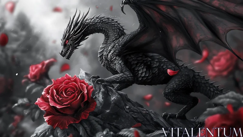 Gentle black dragon pausing by a single crimson rose.