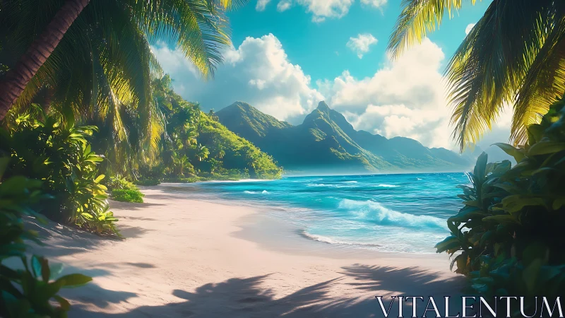 Tropical beach cove with volcanic peaks and palm vegetation