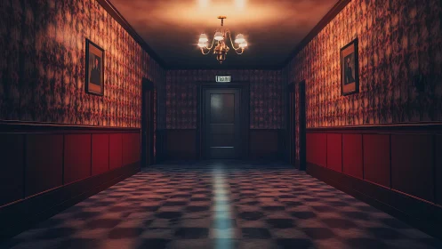 Moody hotel corridor under chandelier glow and exit sign.