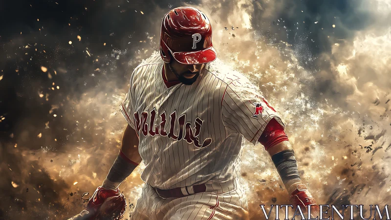 Dynamic baseball batter in explosive dust cloud digital rendering.