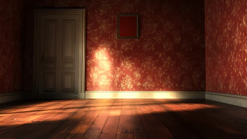Sunlit red room interior with closed door and wood floor.