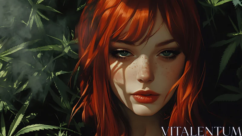 Red haired woman amid dense cannabis foliage portrait.