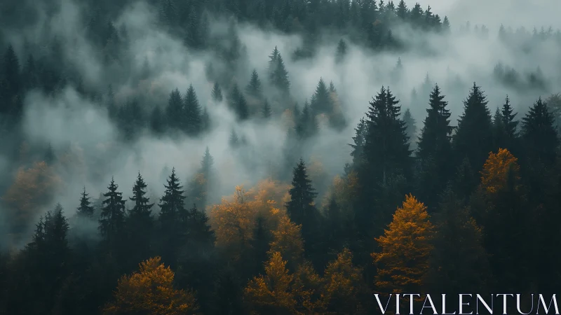 Misty Autumn Forest with Golden Foliage.