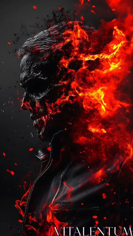 Fiery skull rider erupts from darkness in blazing detail.