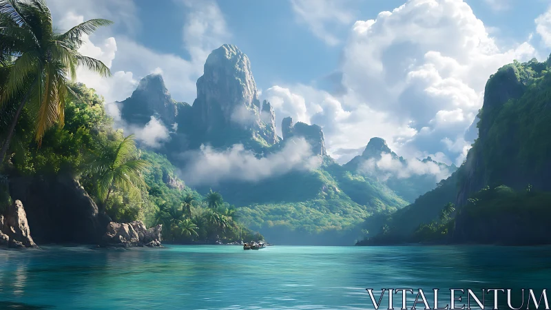 Limestone karst formations with tropical lagoon ecosystem displaying atmospheric depth.