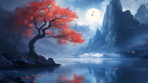 Fantasy lakeside maple under moonlit alpine skyline.