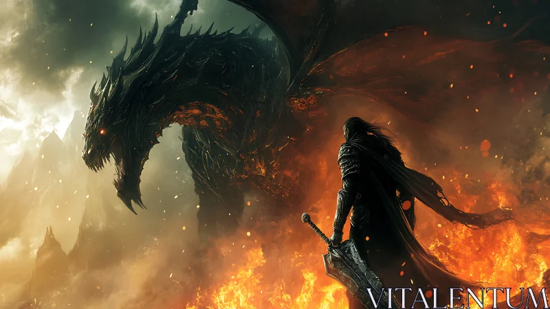 Armored warrior confronts colossal fire dragon in flames.