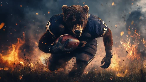Anthropomorphic bear running back in flaming gridiron arena