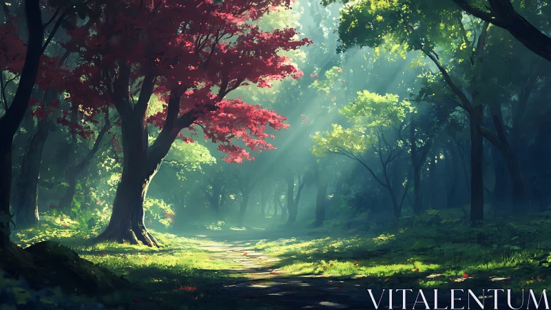 Enchanted Forest Path With Crimson Canopy.