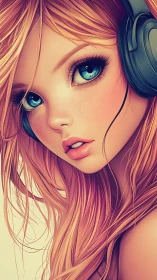 Close-up digital portrait of girl with headphones and teal eyes