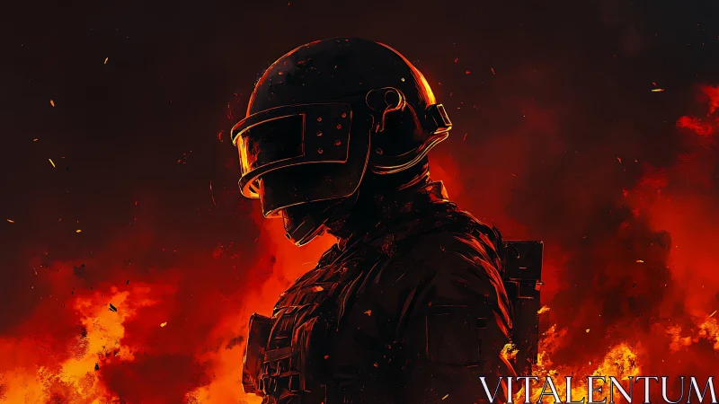 Armored tactical soldier rendered against infernal backlight