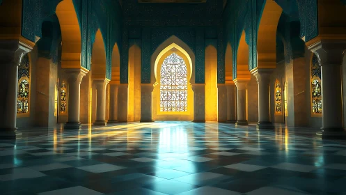 Sunlit arches illuminate a tranquil Islamic prayer hall interior.