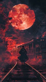 Lone swordsman walks bloodlit tracks beneath a burning moon