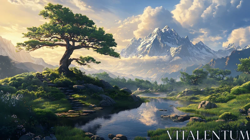 Sunlit alpine river valley renders stylized bonsai and peaks