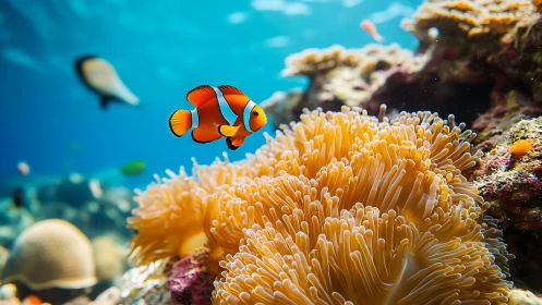 Clownfish swims above sunlit anemone in clear coral reef