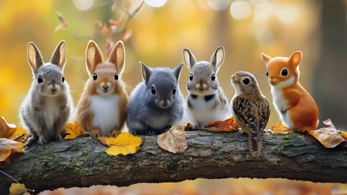Forest baby animals pose together on autumn log perch.